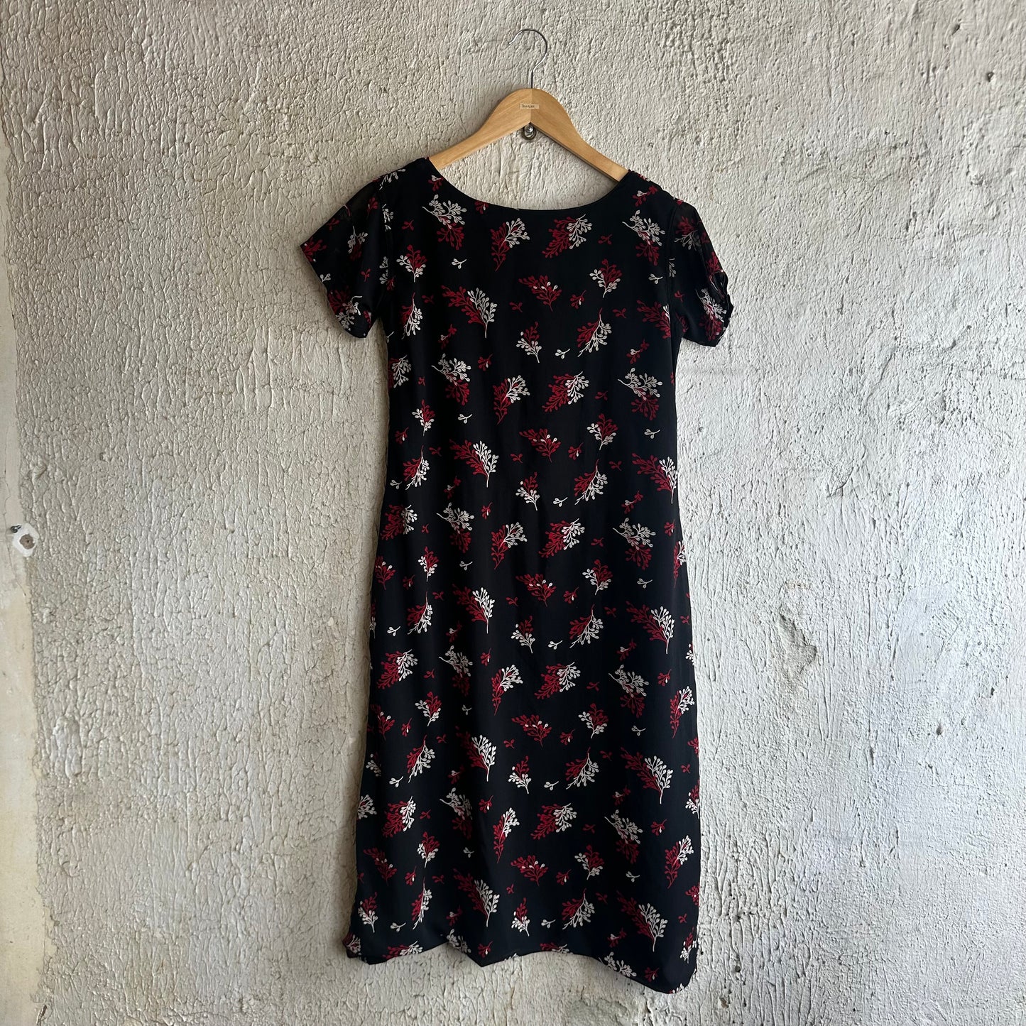 2000s Black Dress w/ Red Flower Print & Beads S