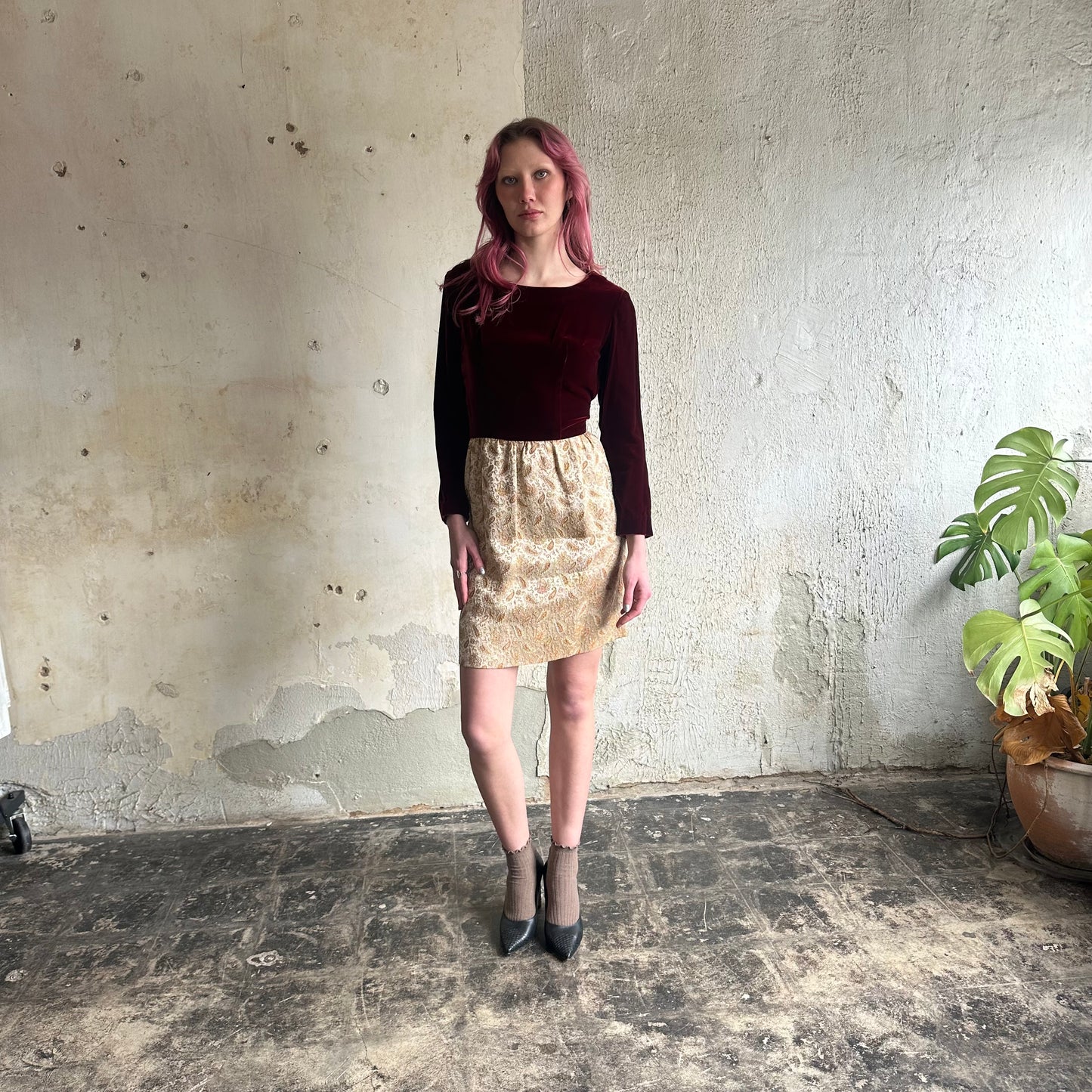 VTG Red Velvet Gold Paisley Dress S