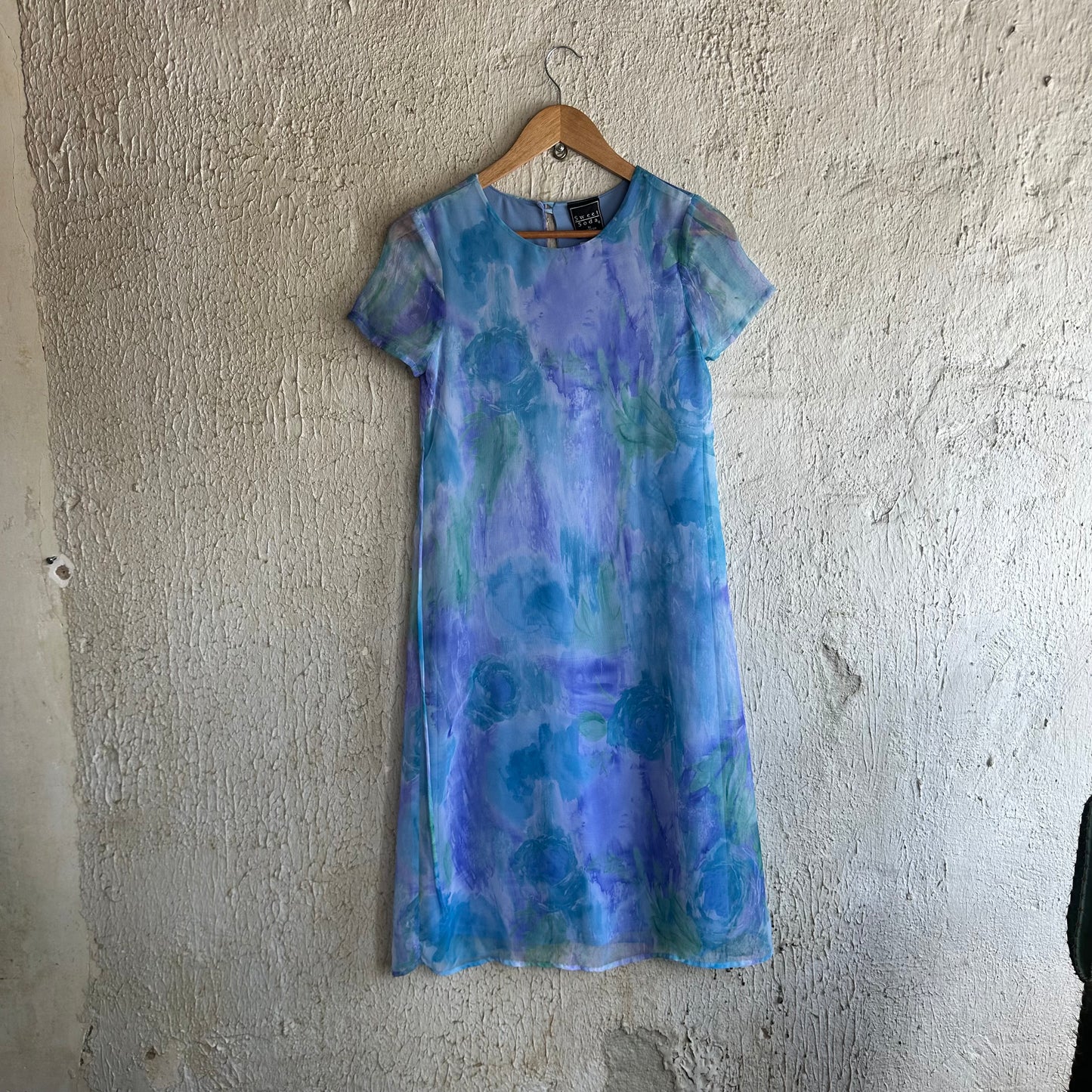 90s Blue Floral Watercolor Pattern Dress