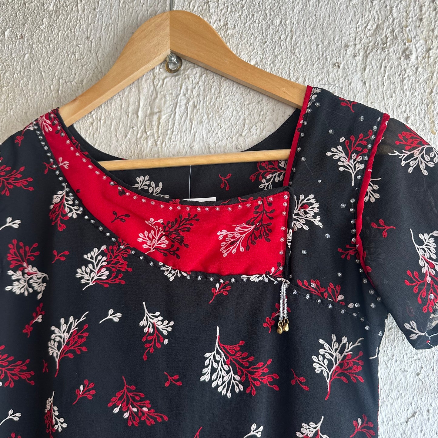 2000s Black Dress w/ Red Flower Print & Beads S