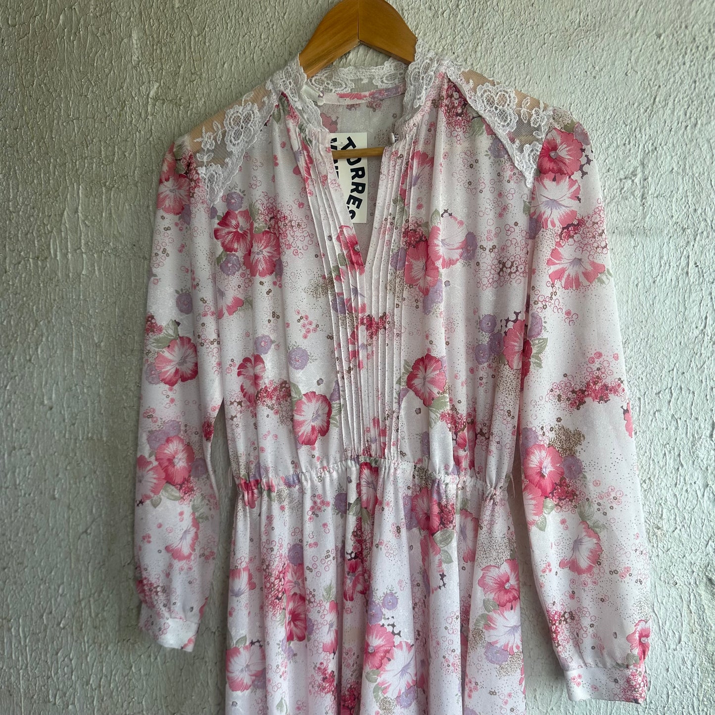 Vtg Pink Floral Sheer Long Sleeve Dress