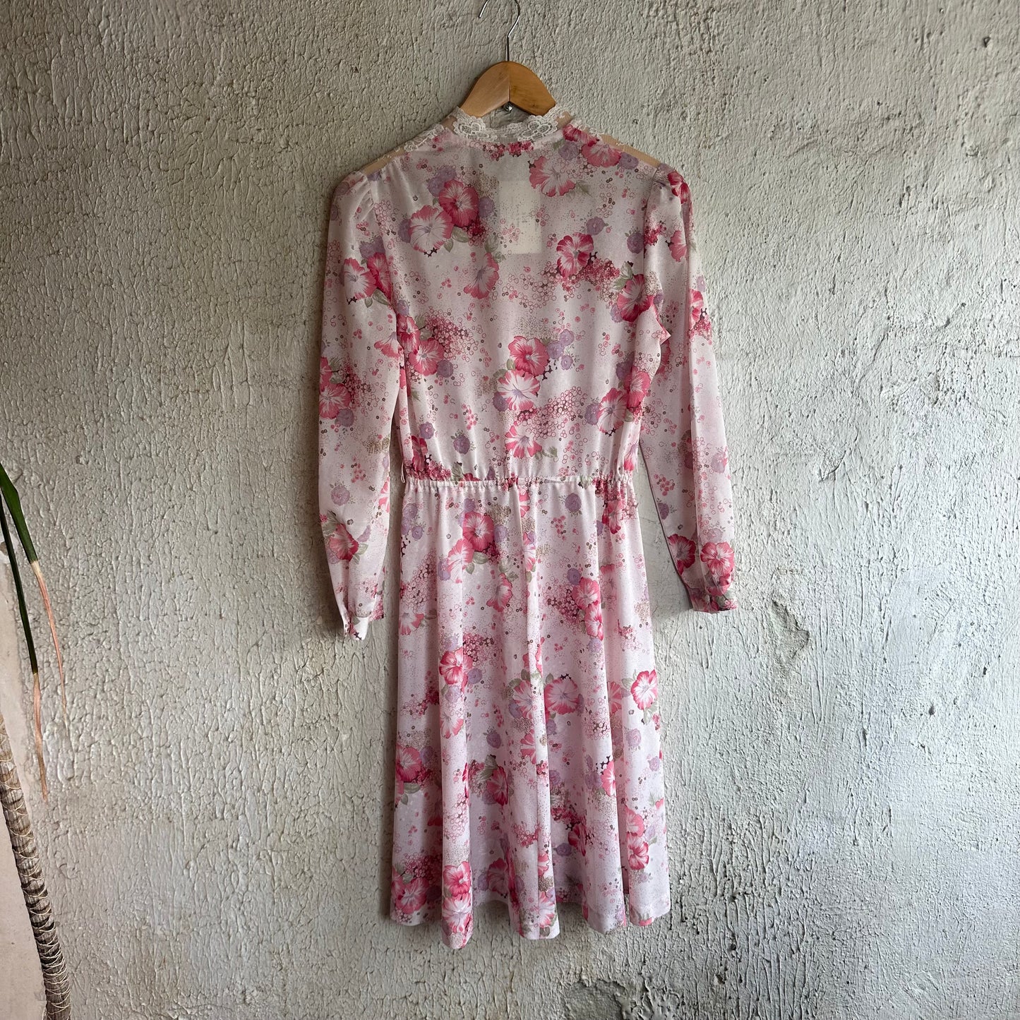 Vtg Pink Floral Sheer Long Sleeve Dress