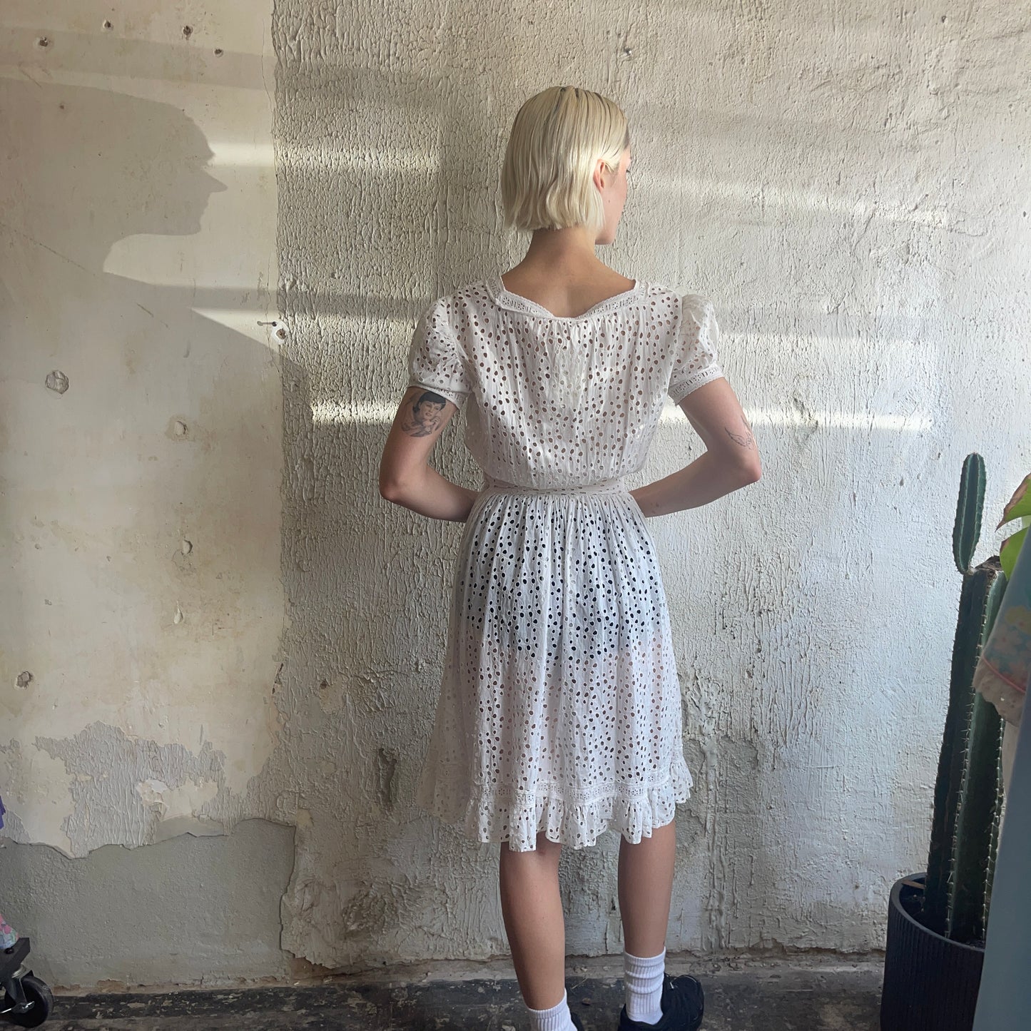 VTG White Eyelet Lace Dress XS