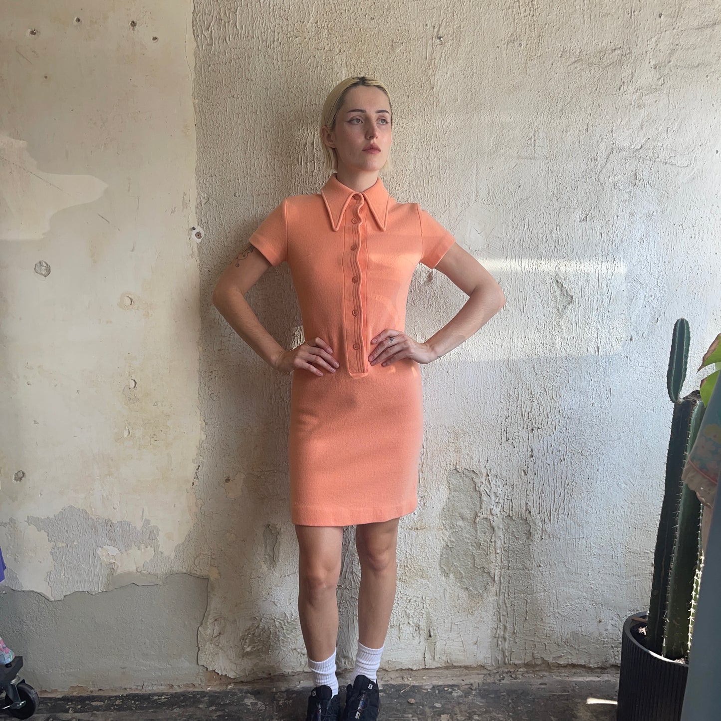 70’s Peachy Collared Short Sleeve Dress