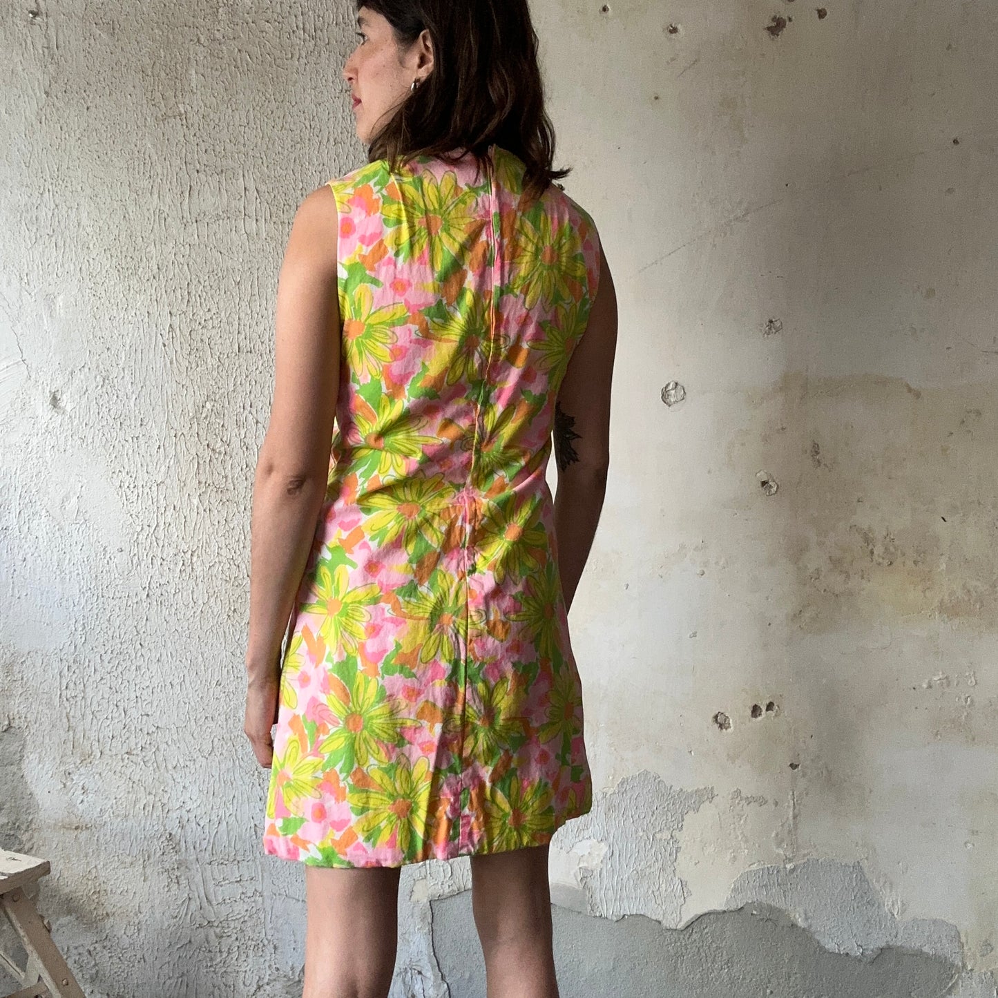 60’s Pink and Green Floral Sleeveless Dress S