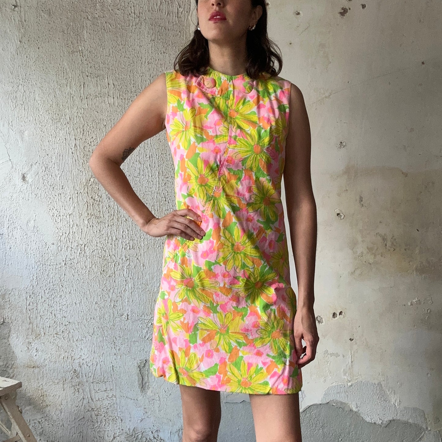 60’s Pink and Green Floral Sleeveless Dress S
