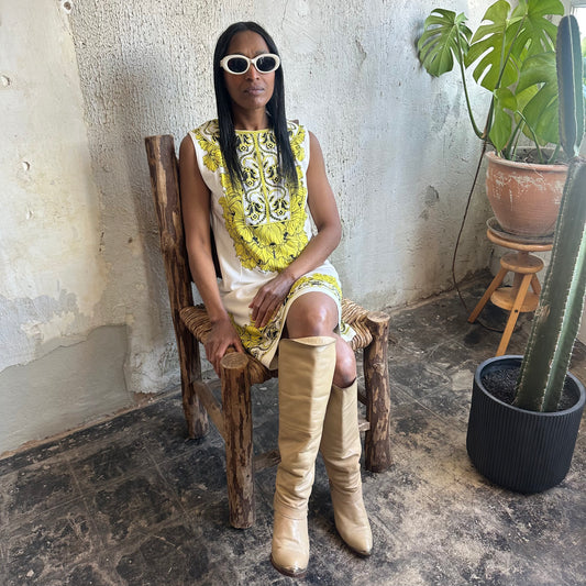 1960’s Yellow Center Pattern White Dress S