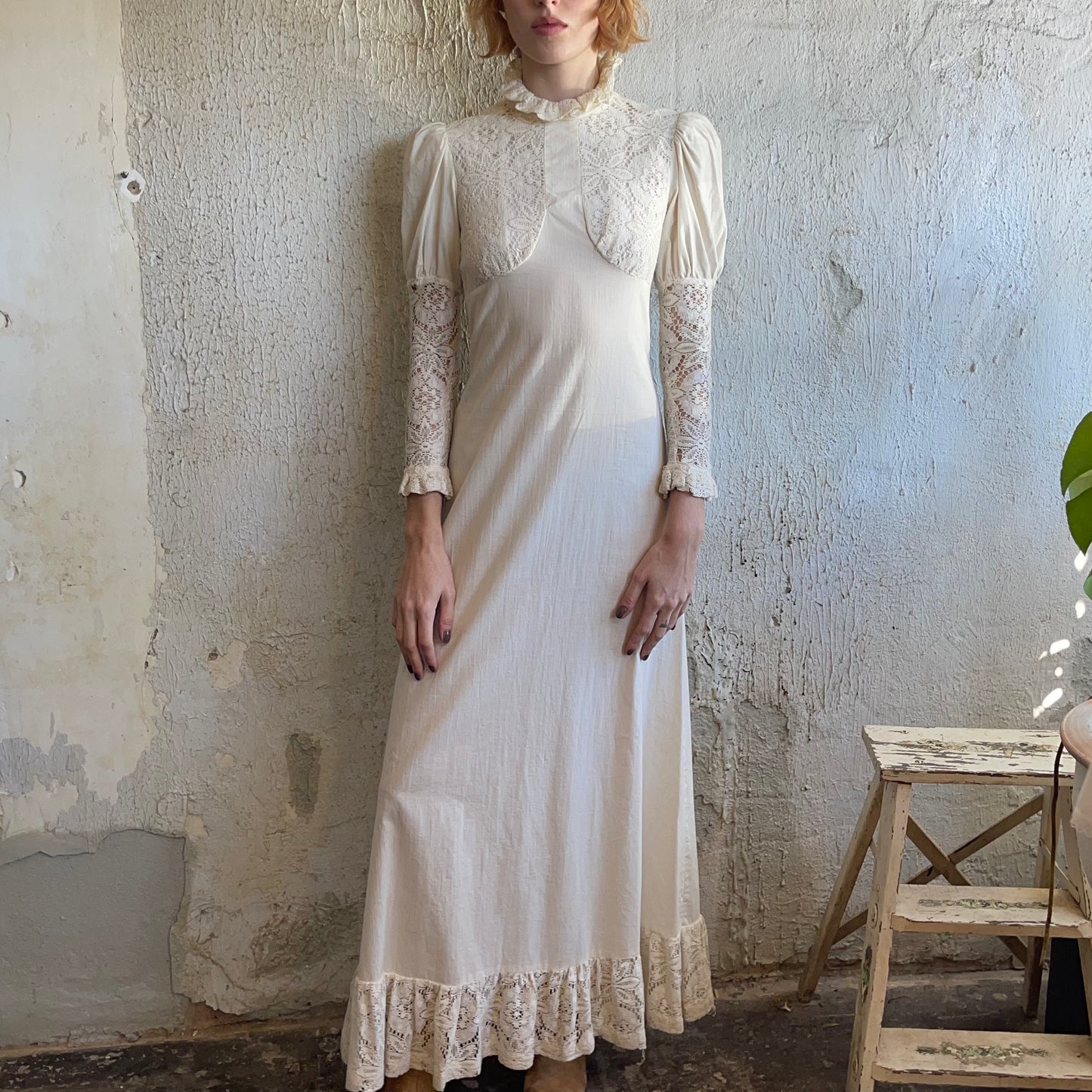 “Mad Whirl” Cotton + Lace Maxi dress with ruffle collar XS
