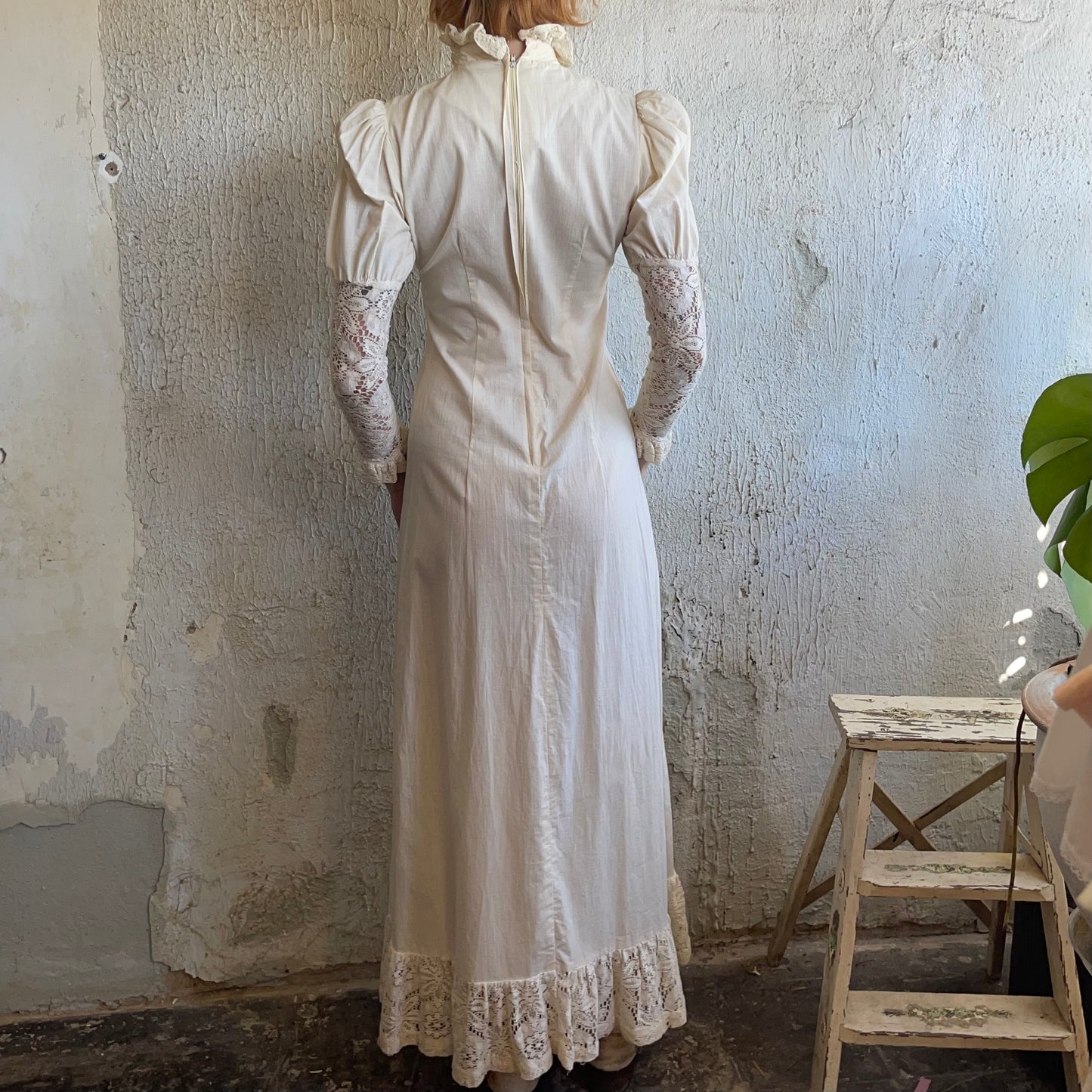 “Mad Whirl” Cotton + Lace Maxi dress with ruffle collar XS