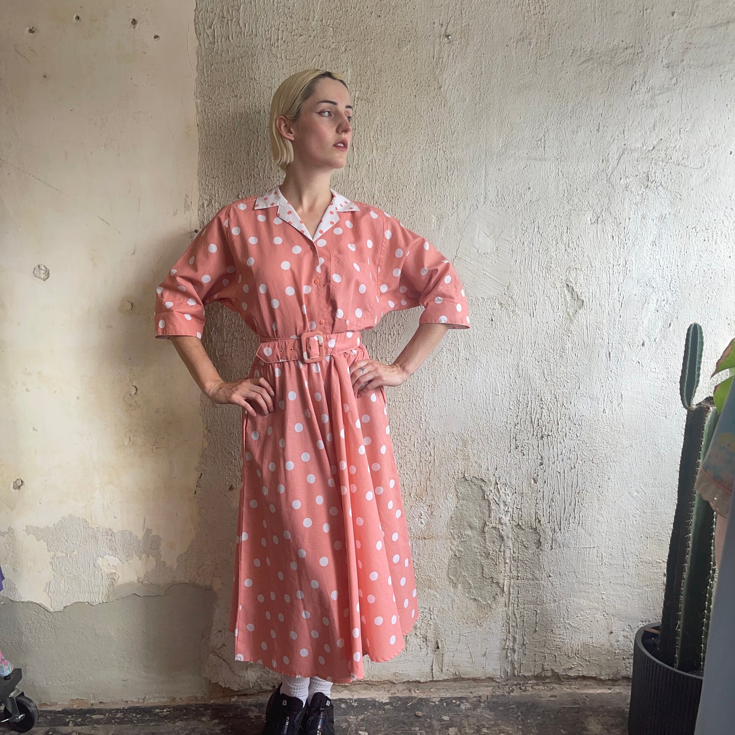 Pink Polka Dot Belted Dress S