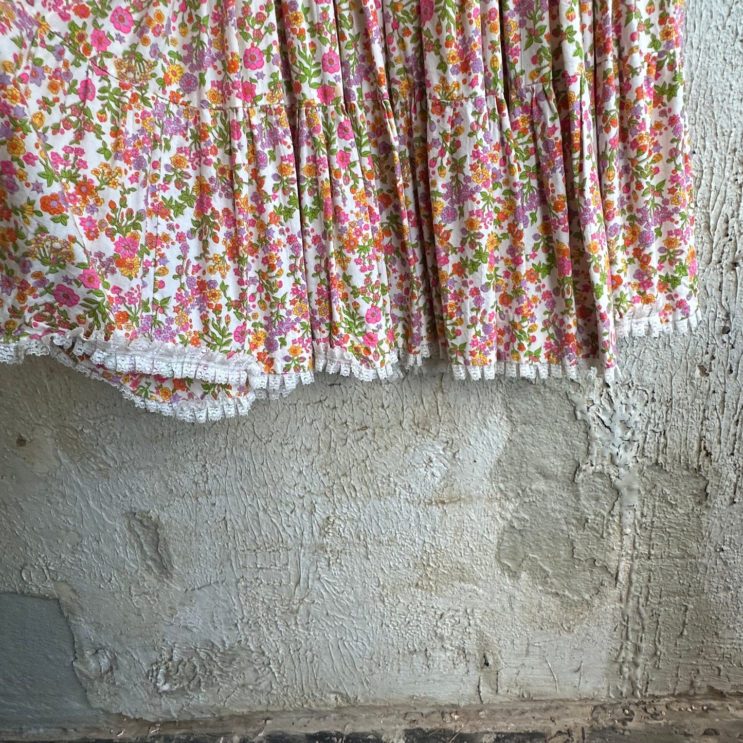 Vtg Floral Lace Trim Dress S/M