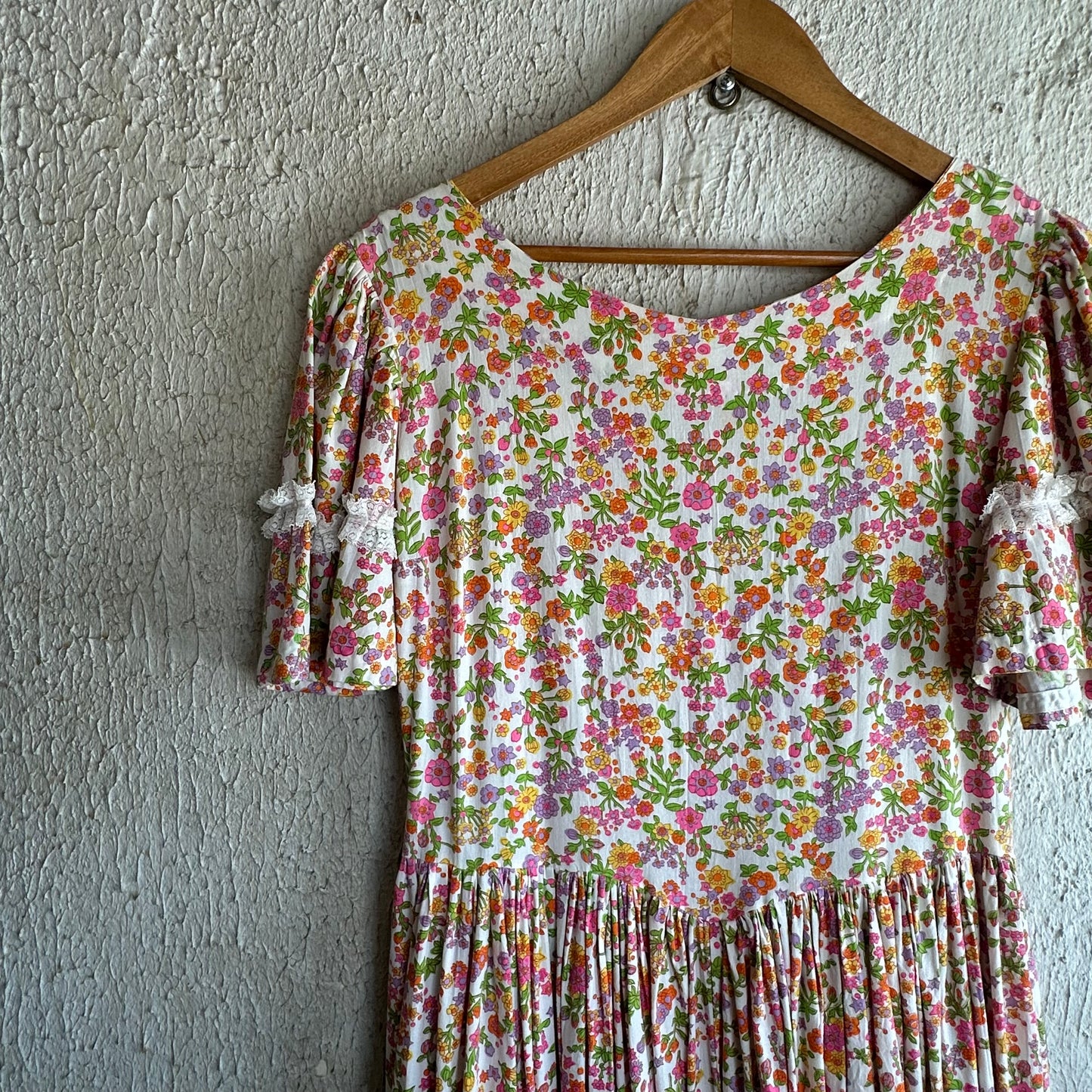Vtg Floral Lace Trim Dress S/M