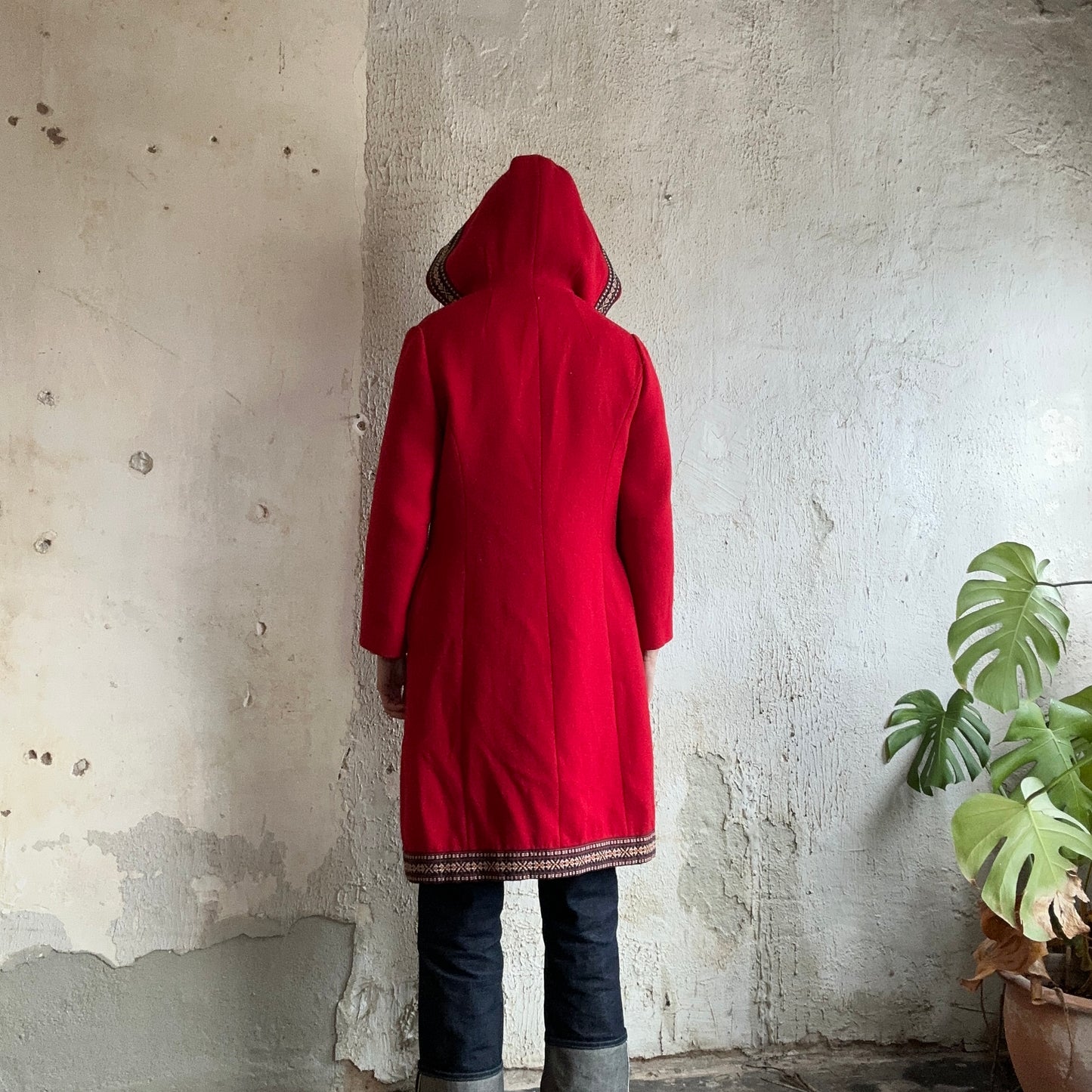 Red Wool Embroidered Hooded Coat