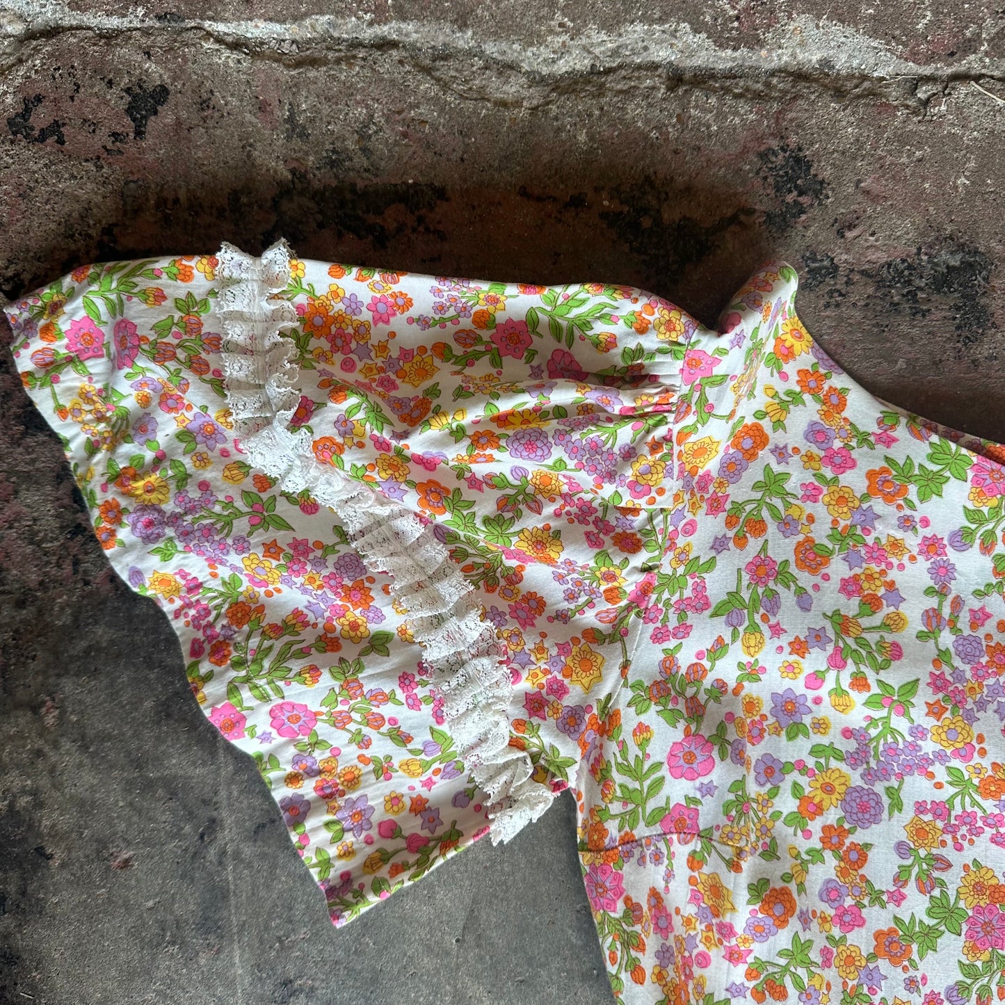 Vtg Floral Lace Trim Dress S/M