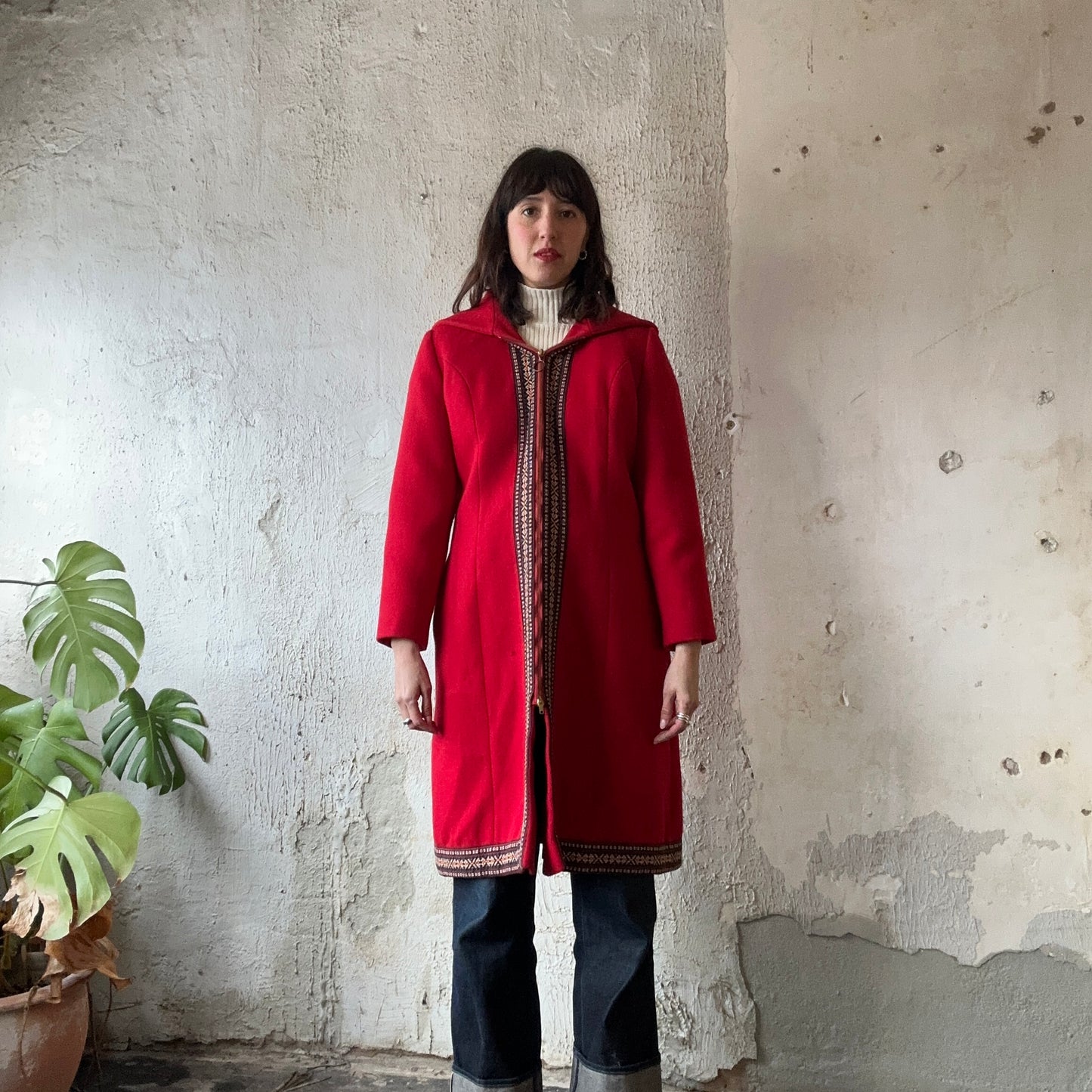 Red Wool Embroidered Hooded Coat