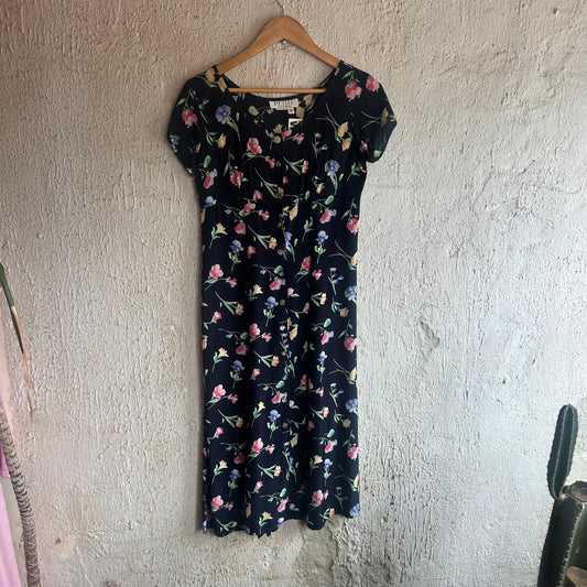 90s Petite Sophisticate Floral Maxi Button Dress S