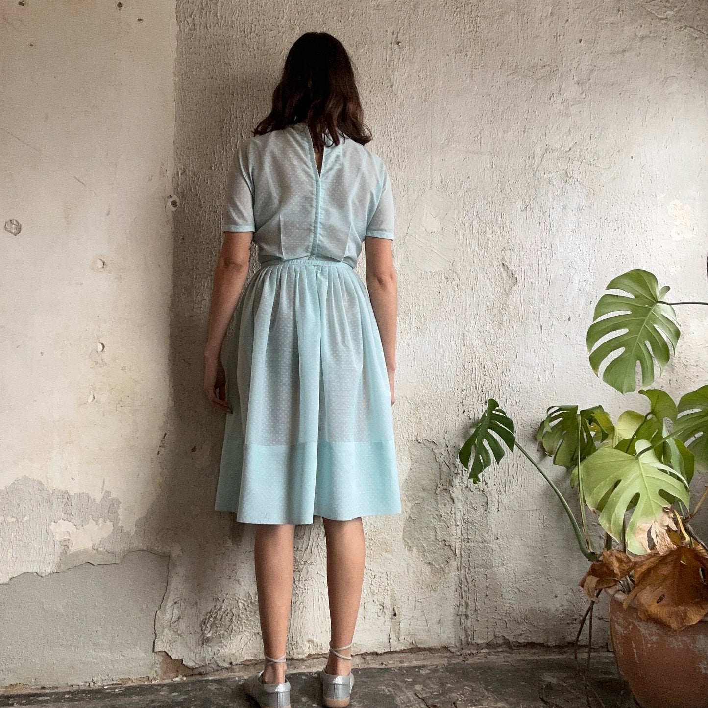 Light Blue Polka Dot Dress W/ Belt S