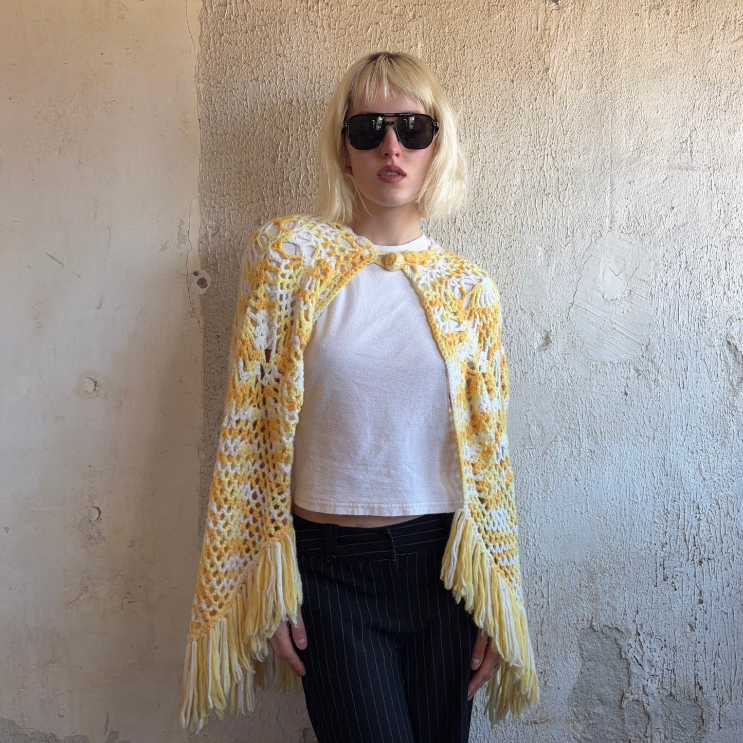 VTG Crochet Yellow and White Fringe Cape M