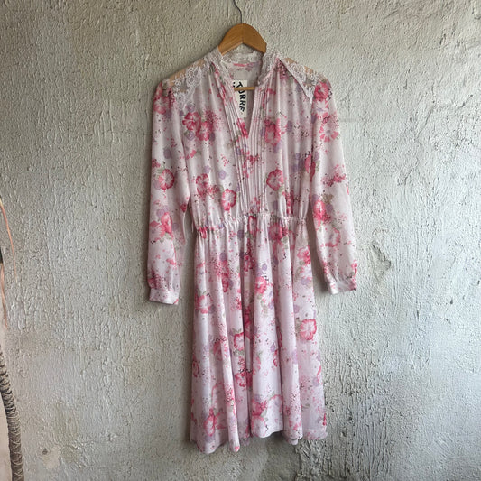 Vtg Pink Floral Sheer Long Sleeve Dress
