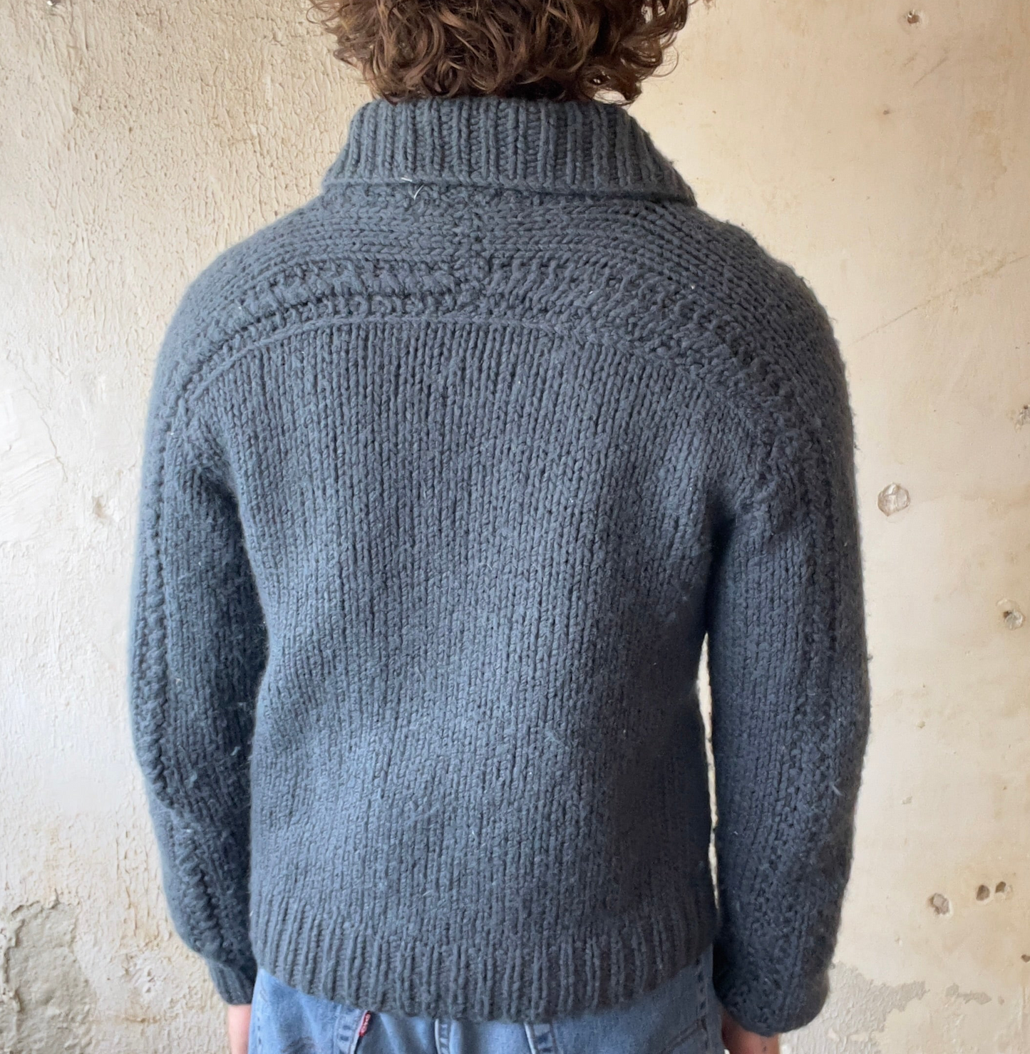 HAND-KNIT BLUE SHAWL SWEATER