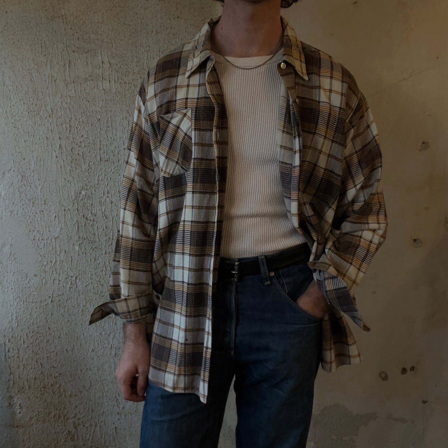 70s BROWN AND YELLOW PLAID FLANNEL