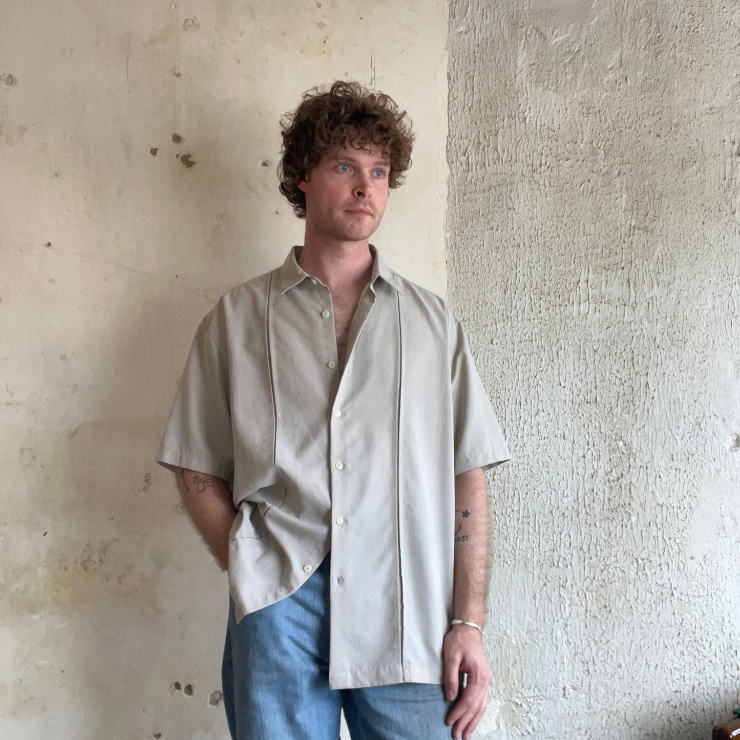 Axist Beige Pleated Button up Short Sleeve Shirt