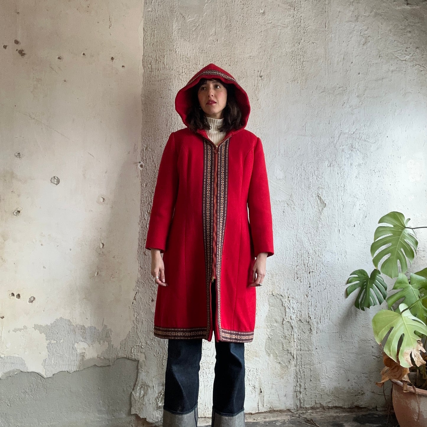 Red Wool Embroidered Hooded Coat