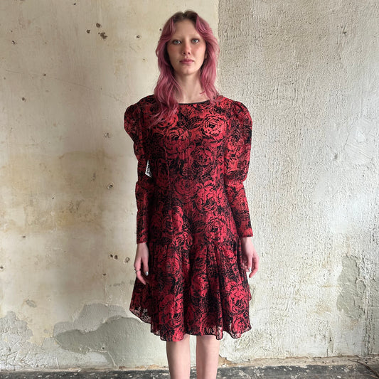 80’s Red Velvet Rose Dress S