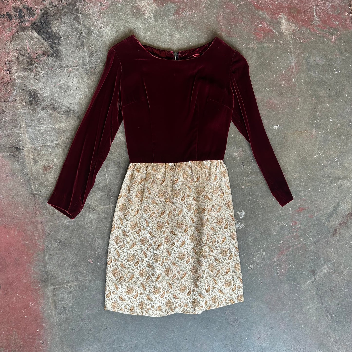 VTG Red Velvet and Gold Paisley Dress S