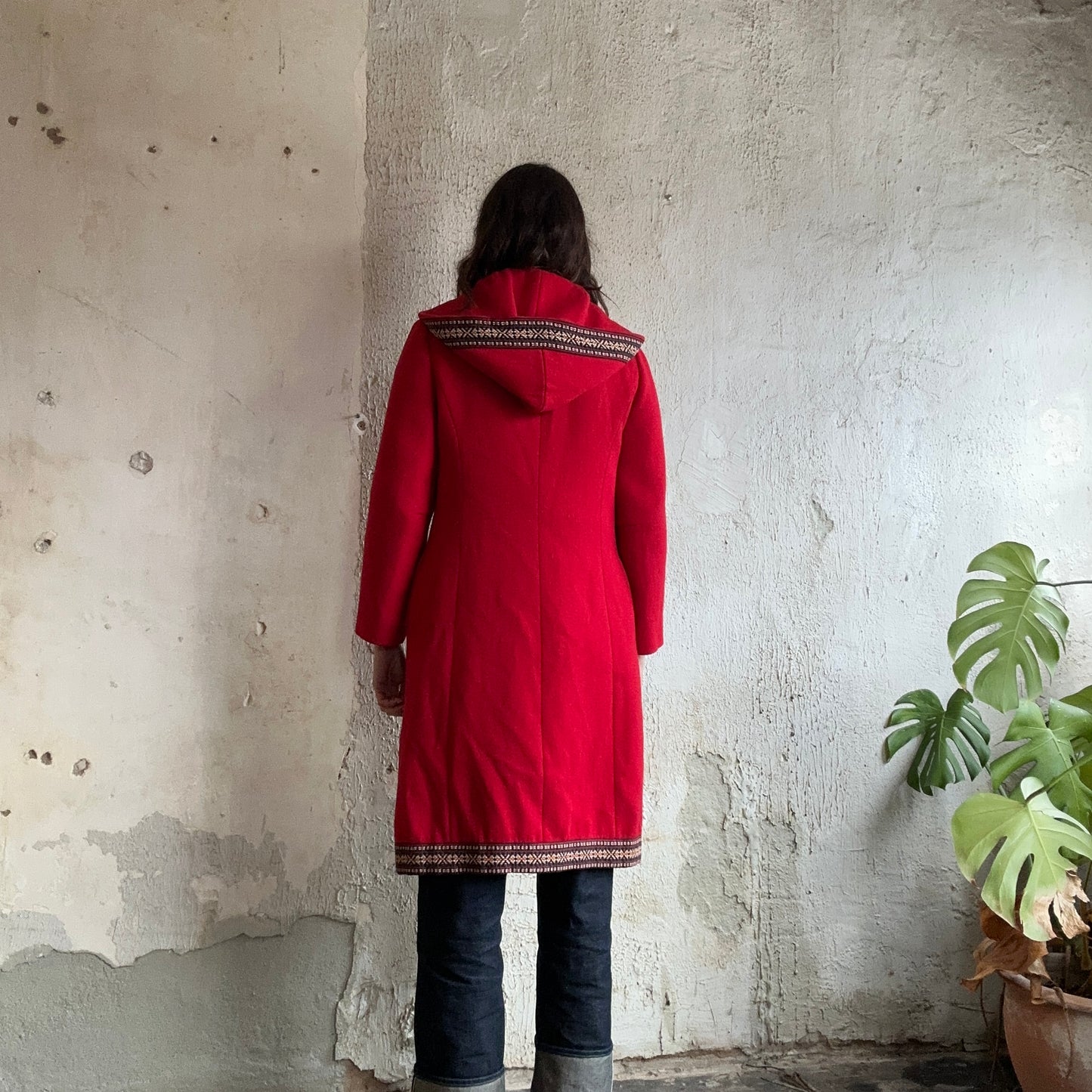 Red Wool Embroidered Hooded Coat