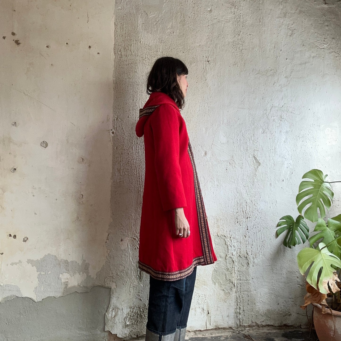 Red Wool Embroidered Hooded Coat
