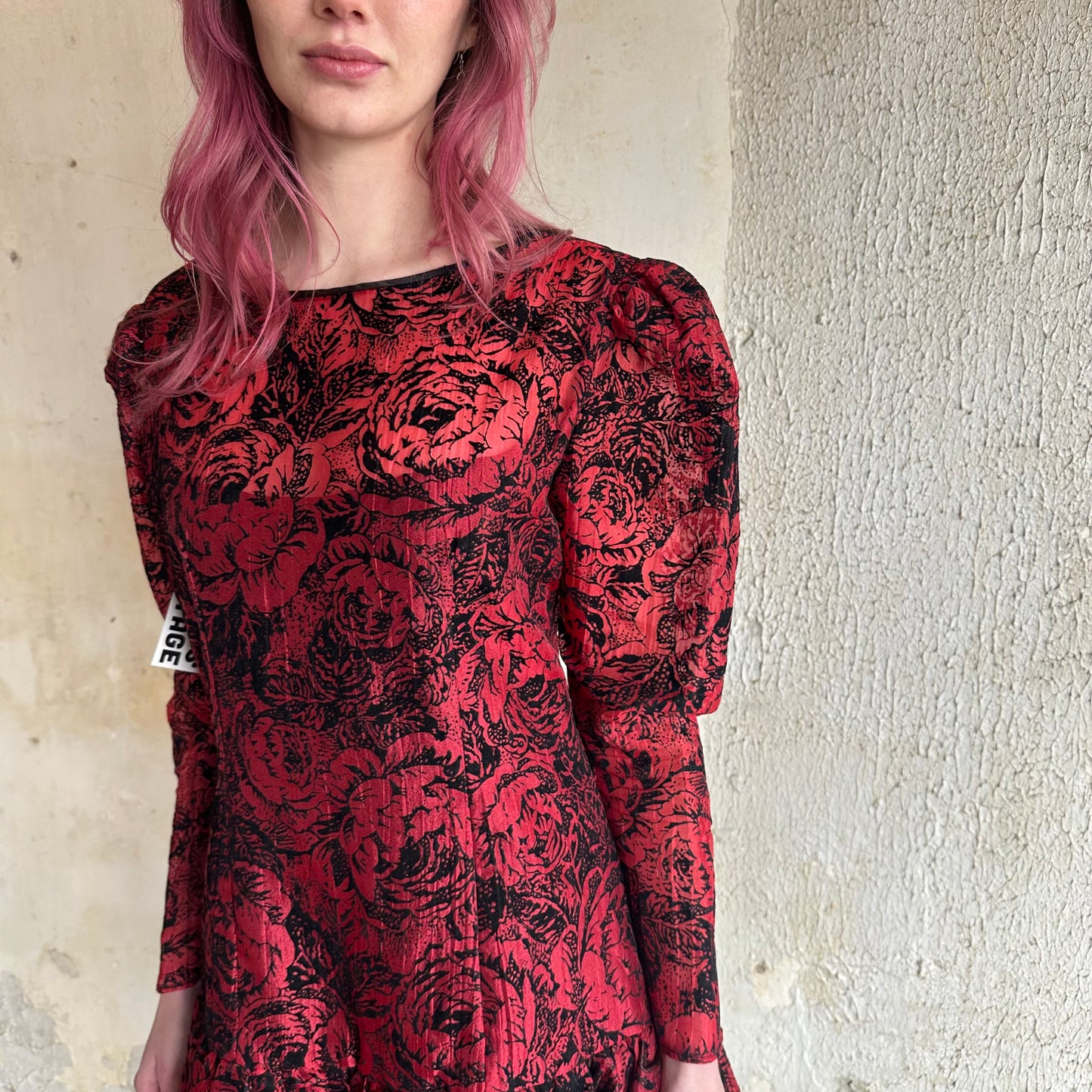 80’s Red Velvet Rose Dress S