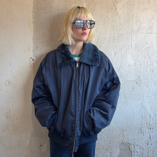 VTG Blue Fur Collar Bomber XXL