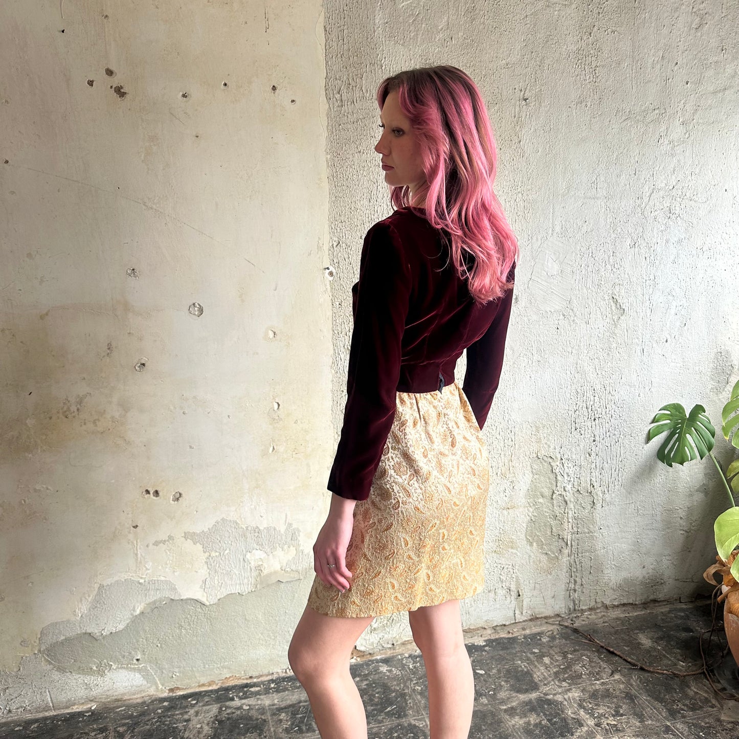 VTG Red Velvet Gold Paisley Dress S