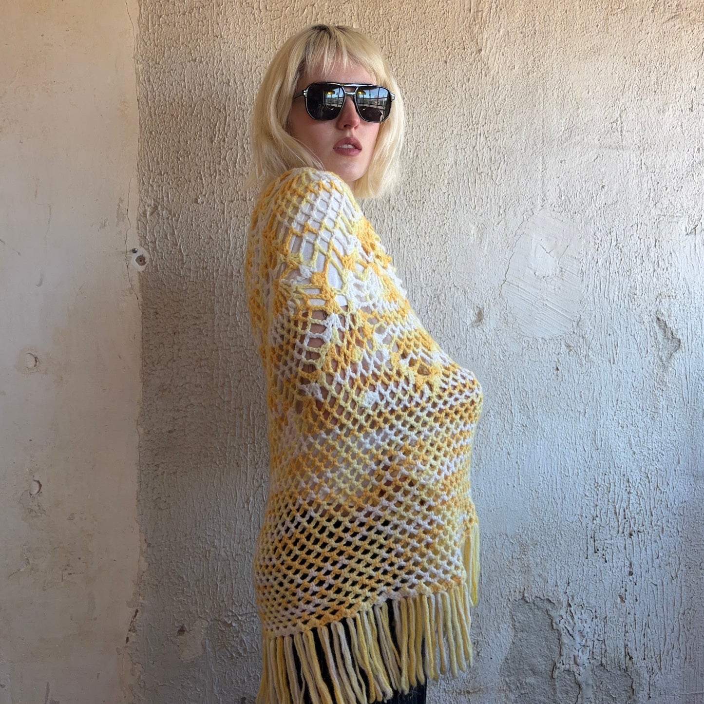 VTG Crochet Yellow and White Fringe Cape M
