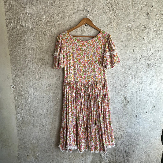Vtg Floral Lace Trim Dress S/M