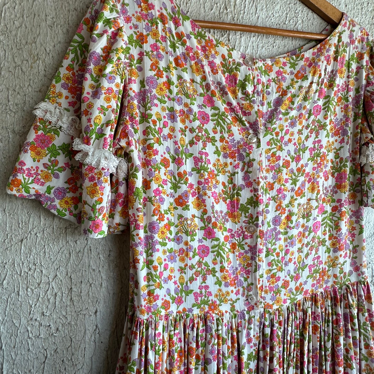 Vtg Floral Lace Trim Dress S/M