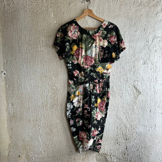 80s Floral Black Dress