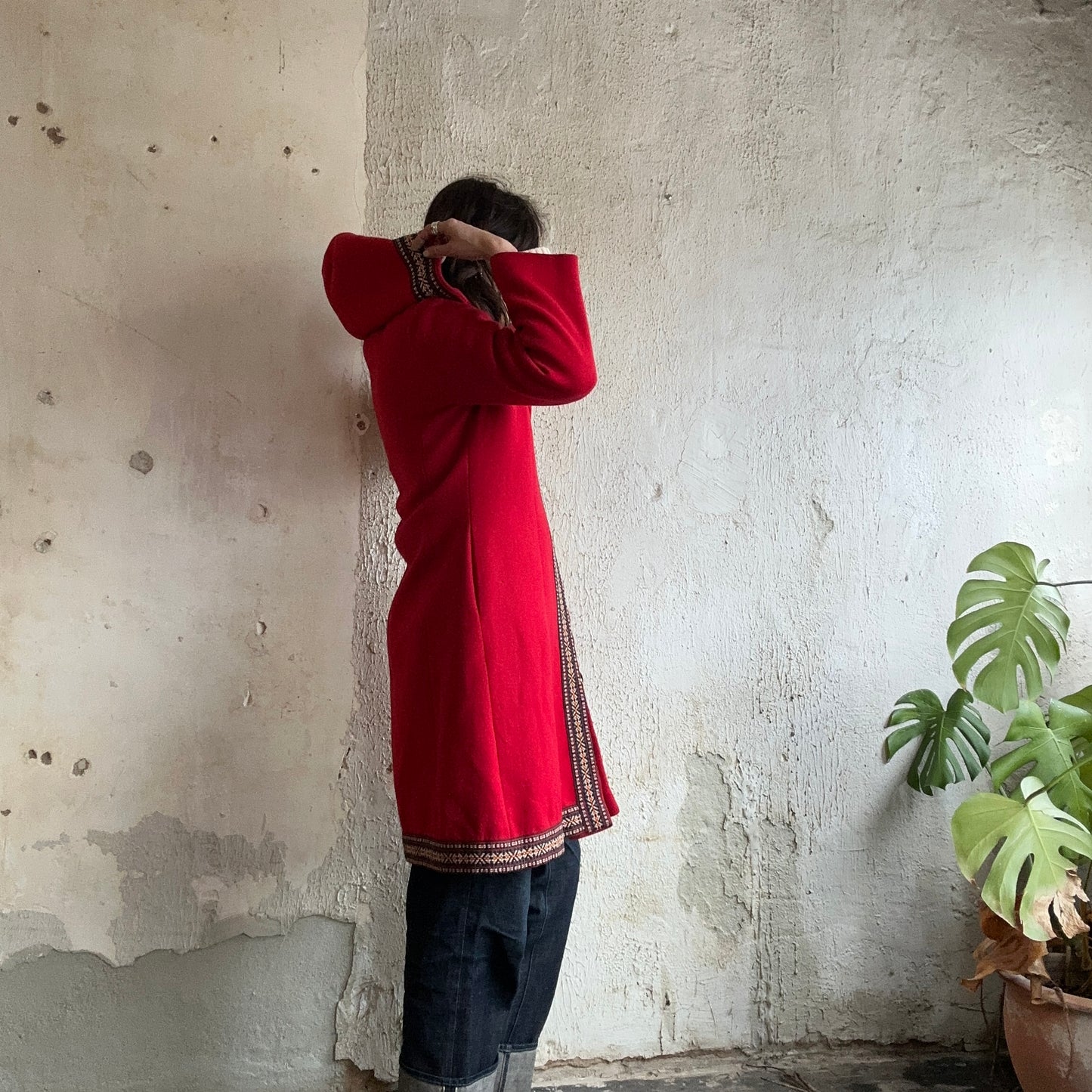 Red Wool Embroidered Hooded Coat