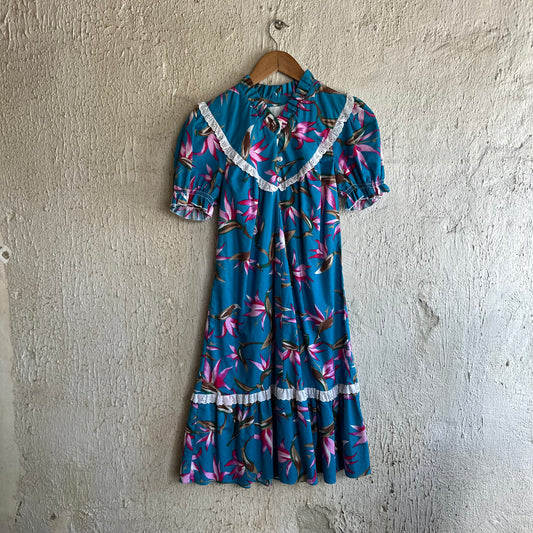 Vtg Blue Floral Ruffle Trim Dress