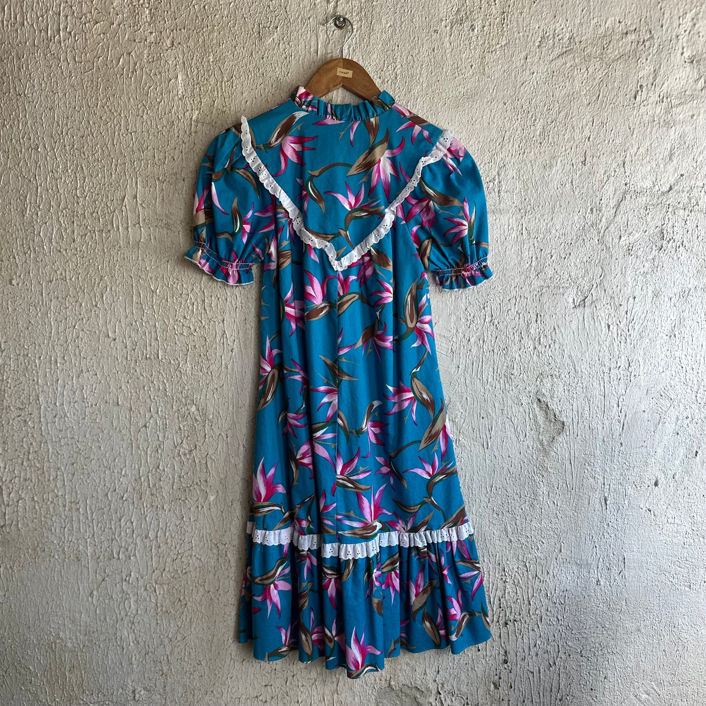 Vtg Blue Floral Ruffle Trim Dress