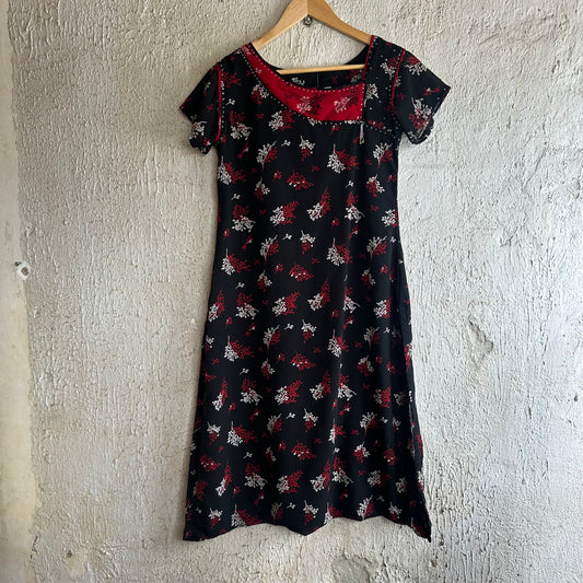 2000s Black Dress w/ Red Flower Print & Beads S