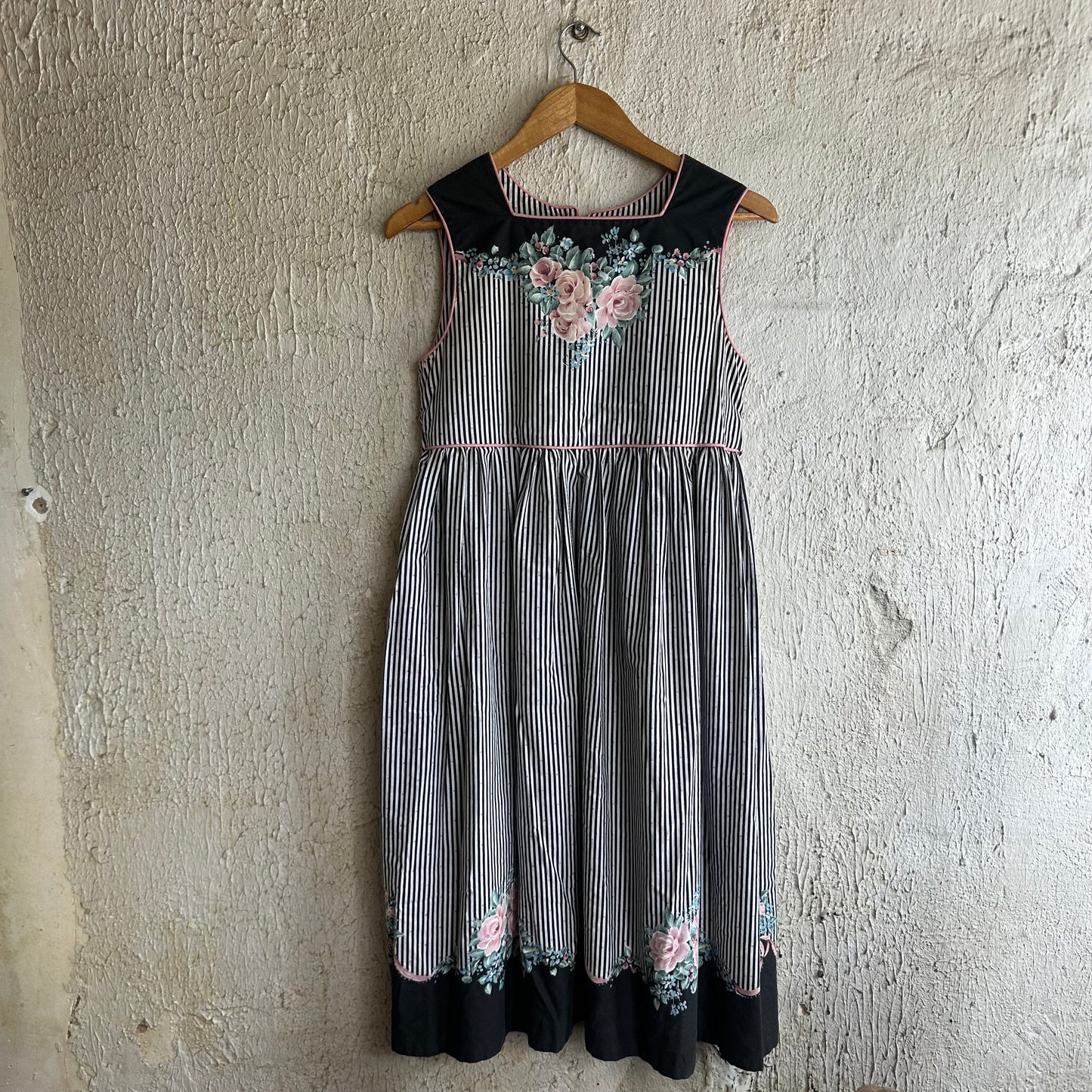 Handmade Pinstripe w/Roses Smock Dress S