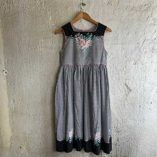 Handmade Pinstripe w/Roses Smock Dress S