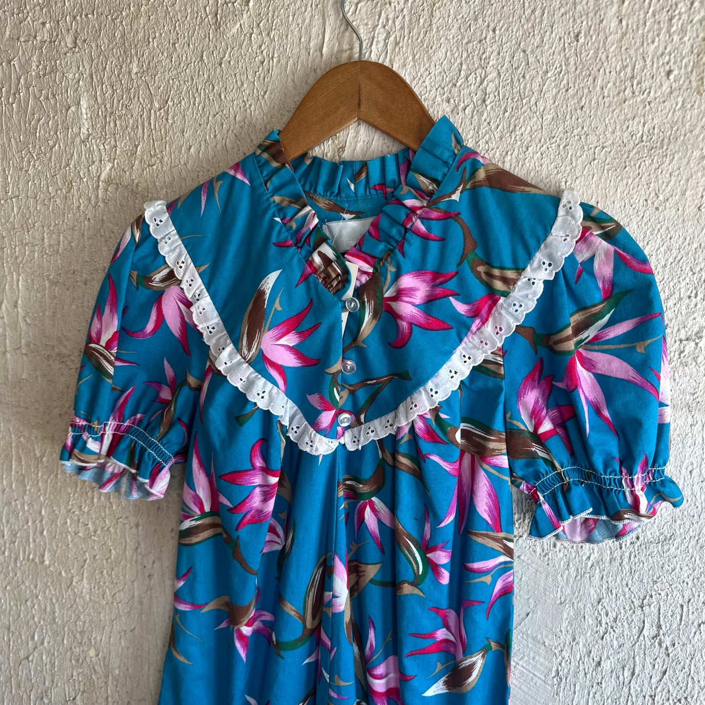 Vtg Blue Floral Ruffle Trim Dress