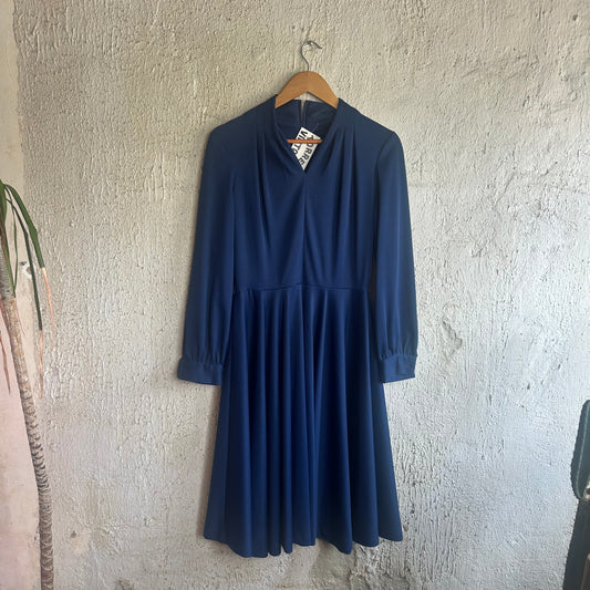 Vtg Navy Blue Long Sleeve Dress M