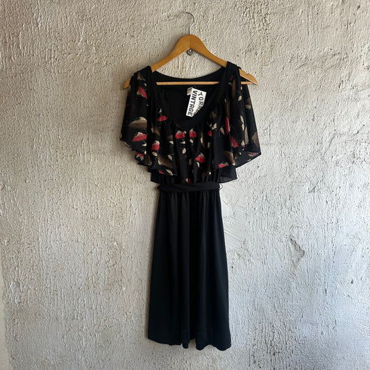 70s Flowy Collar Black Dress S