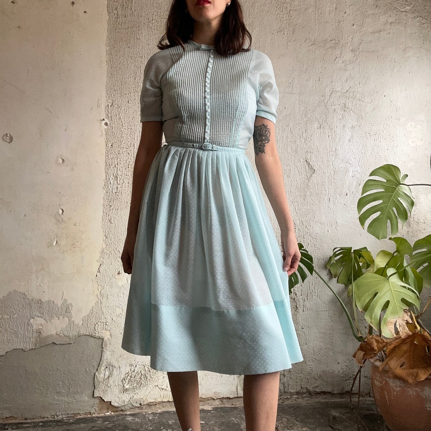 Light Blue Polka Dot Dress W/ Belt S