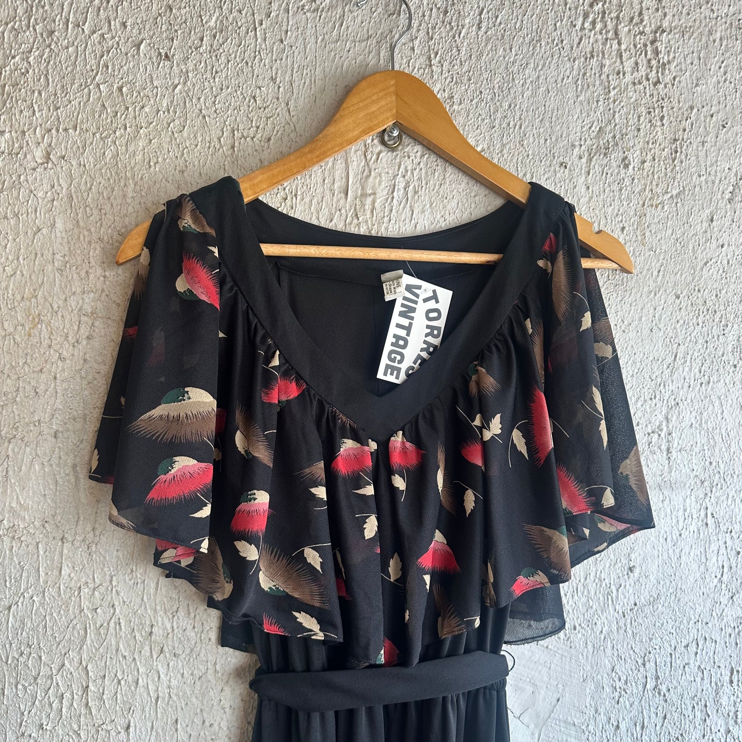 70s Flowy Collar Black Dress S
