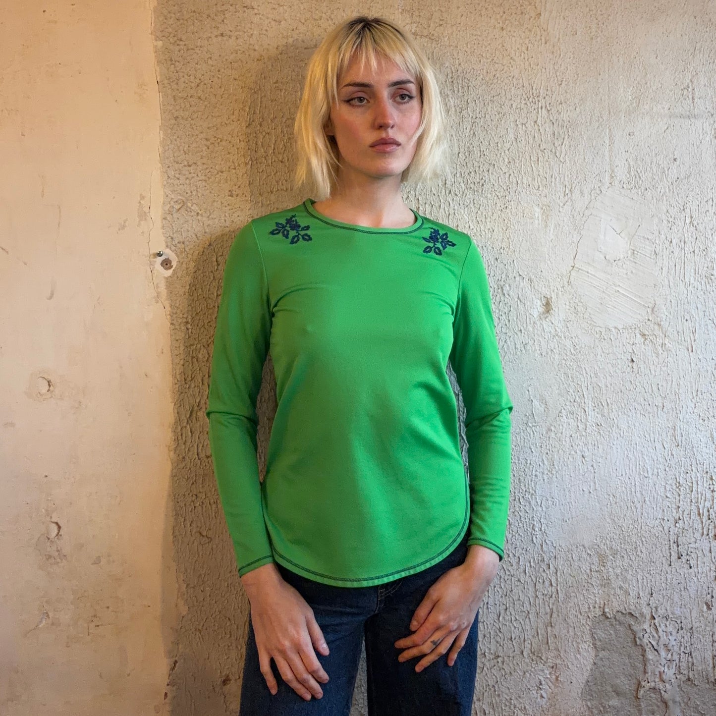 VTG Green Embroidered Floral Shirt S